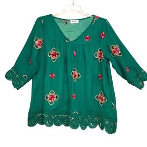 Kindred Embroidered Floral Kelly Green Crochet Trim Plus Size 1X‎ St Patty's Day